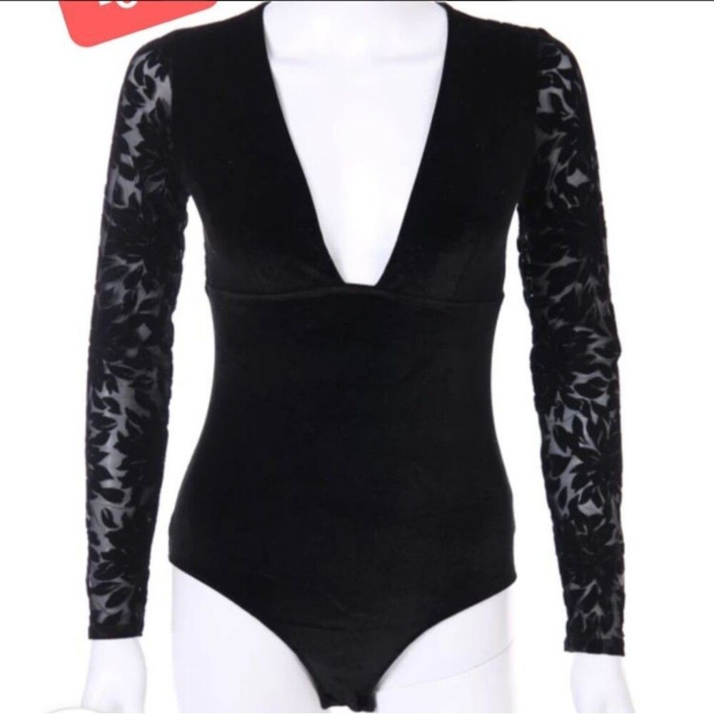 Oysho Black Crushed Velvet Plunging V Neck Sheer Mesh Bodysuit MEDIUM 90s Y2K